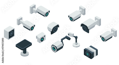 Isometric security cameras set: modern surveillance equipment in 3d style
