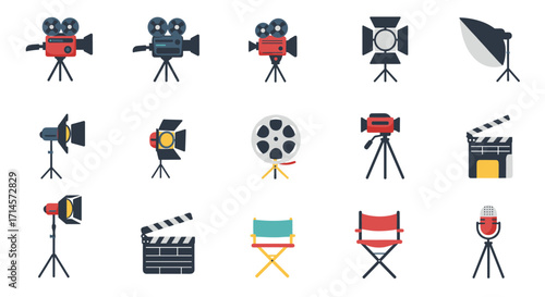 Film equipment: flat style icons of cameras, lights, and more for cinematic themes