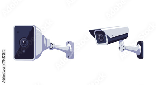 Modern surveillance security cameras on white background