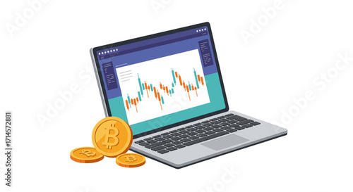 Cryptocurrency trading on laptop with bitcoin coins and market chart