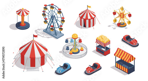 Colorful isometric amusement park elements with ferris wheel and bumper cars