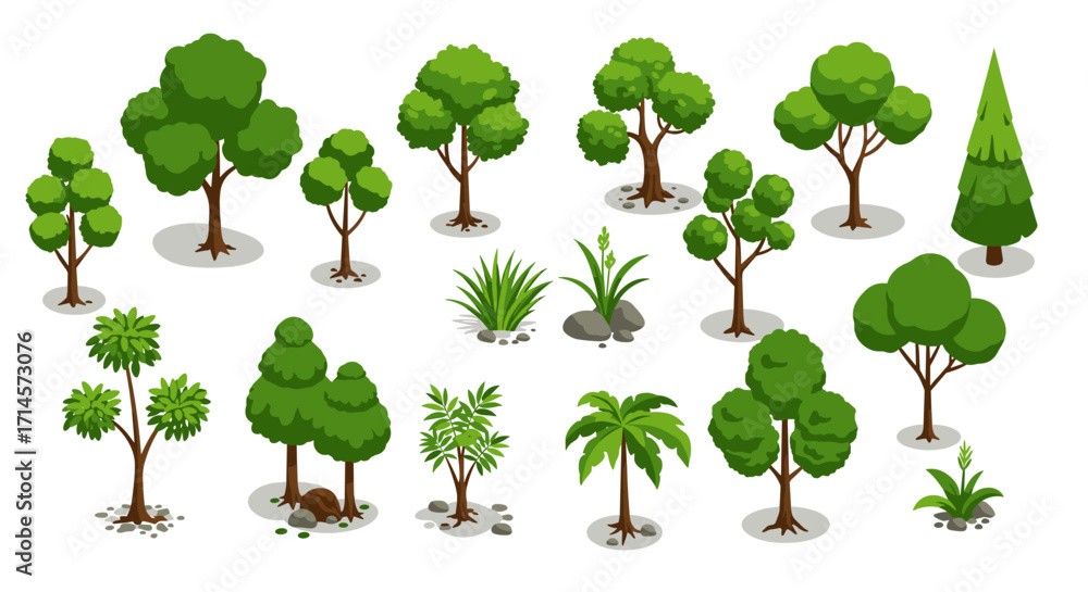Fototapeta premium Collection of diverse trees and plants in isometric style for natural designs