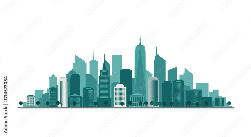 Fototapeta premium Modern city skyline with simplified geometric buildings and trees on horizon