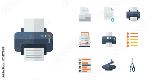 Office equipment icons set featuring printers and document management tools