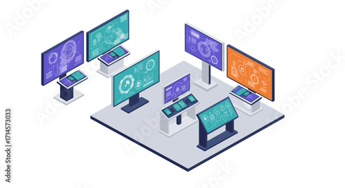 Futuristic isometric technology displays with digital interfaces