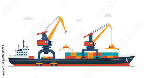 Flat cargo ship with cranes and containers