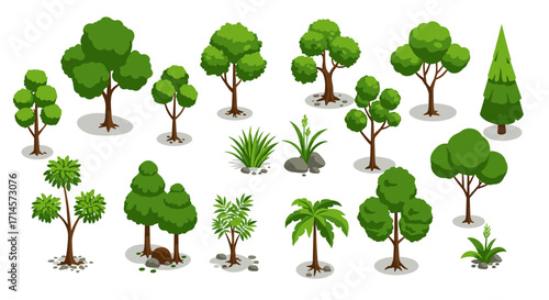 Collection of diverse trees and plants in isometric style for natural designs