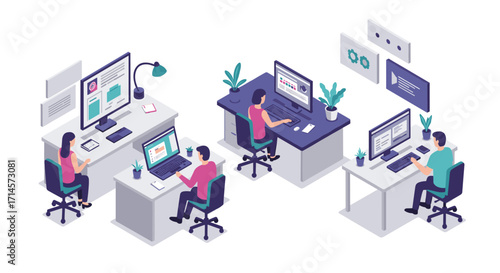 Modern office workspace with team collaborating on computers in isometric design