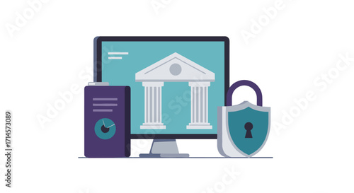 Digital banking security with monitor, smartphone, and padlock