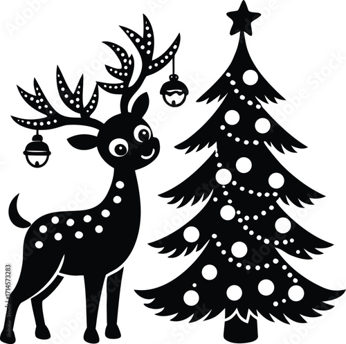A funny Christmas cartoon of a reindeer wearing a Santa hat and a nose on a chocolate cupcake vector illustration