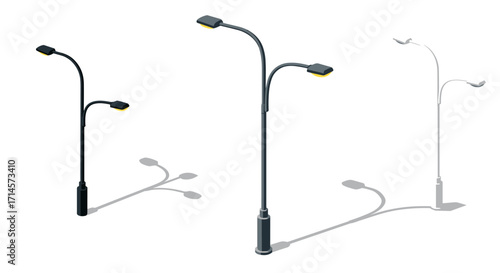 Isometric street lights set with shadows on white background for urban design