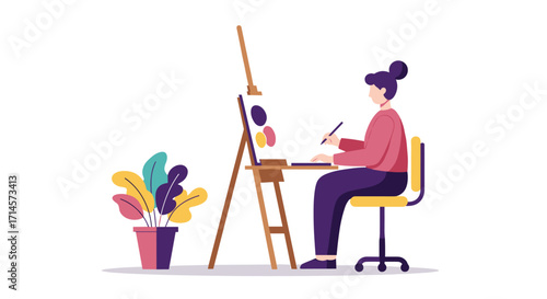 Artist painting in studio setting with easel and plants in minimalist design