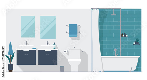 Modern bathroom interior with blue tiles and minimalist decor