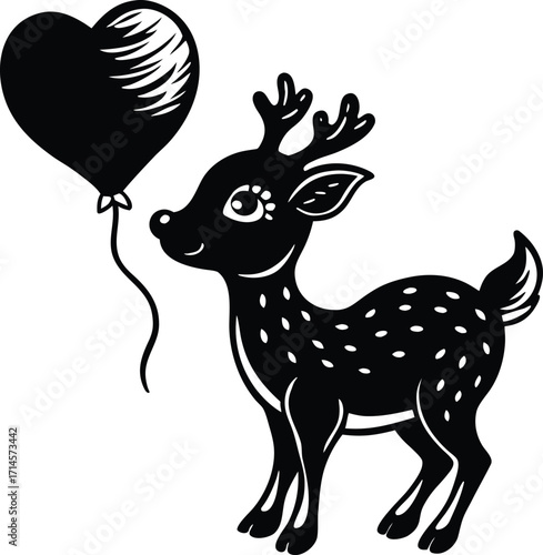Wild reindeer with large antlers and a Christmas tree illustration