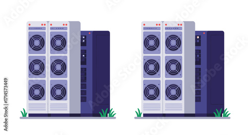 Modern data center servers in flat style with cooling fans and minimalist design