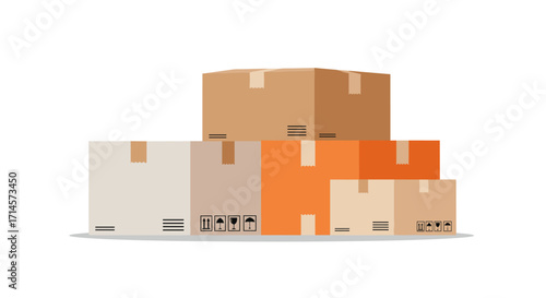 Pile of shipping boxes in various sizes on white background
