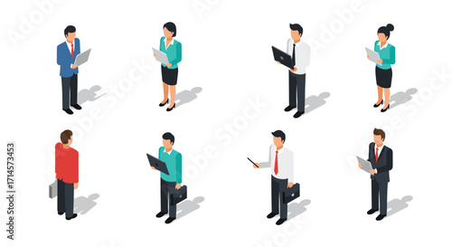 Isometric business people standing with laptops and documents on white background