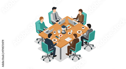 Team collaboration around office table with coffee and laptops in isometric view
