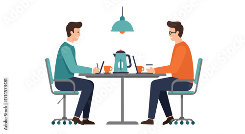 Colleagues in discussion at a coffee break in a modern office setting