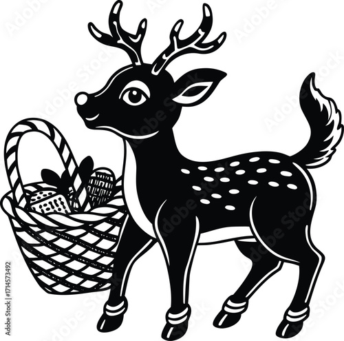 A festive cartoon deer with antlers and a Christmas tree is shown carrying a sack of gifts