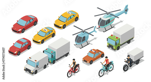 Isometric urban vehicles collection with cars, bicycles, helicopters, and trucks