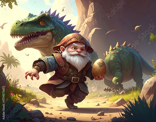 A gnome runs with a dinosaur egg, pursued by a dinosaur