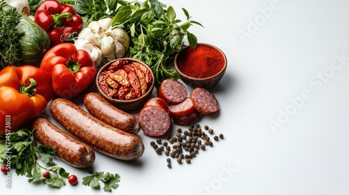 Fototapeta Naklejka Na Ścianę i Meble -  Assorted fresh vegetables and cured meats including tomatoes, garlic, herbs, spices, sausages, and sliced salami on a white background for culinary preparation