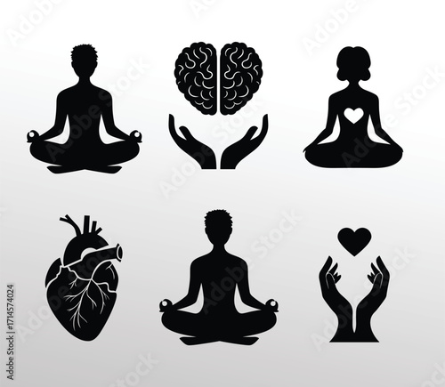 A collection of mindful human silhouettes illustrating concepts of meditation, mental health, and physical well-being.