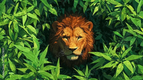 Majestic Lion Head Emerging From Lush Green Foliage