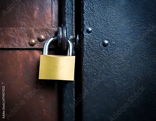 A golden padlock on a dark metal gate