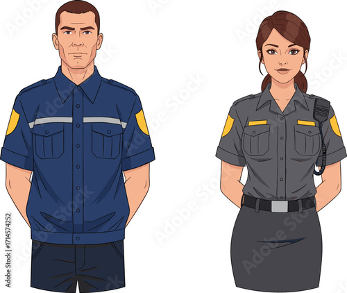 Security uniforms, professional stance, law enforcement, official attire, identification pose, authority figures, training visual, discipline, uniformed personnel, illustration