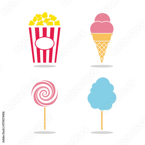 A colorful illustration showcasing four different sweet treats, including popcorn, ice cream, a lollipop, and cotton candy.