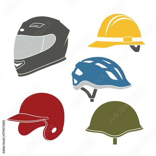 Collection of various protective headgear, including motorcycle, construction, bicycle, baseball, and military helmets.