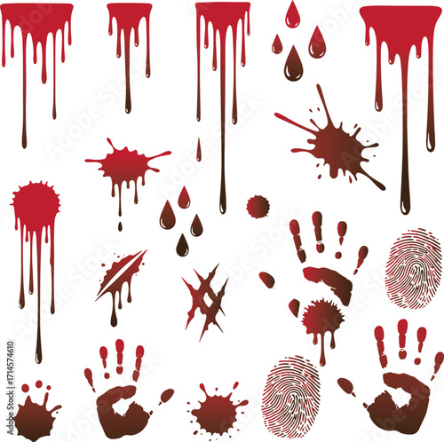 Hand-drawn blood splatters, smears, cuts, scratches, handprints, and fingerprint stains in various shapes and sizes. Realistic dripping streaks and liquid flows, solid black vector style, perfect for 