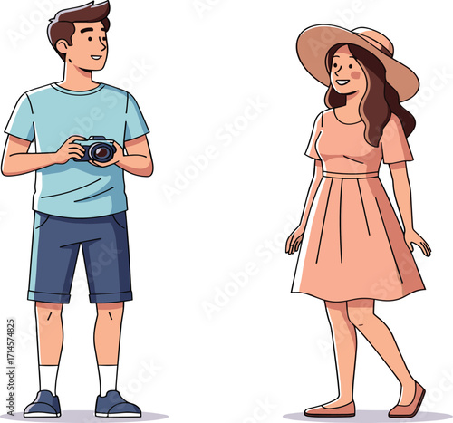 Tourist couple illustration, summer vacation, camera moment, outdoor leisure, travel lifestyle, casual fashion, romantic interaction, vector art, stock image, flat design
