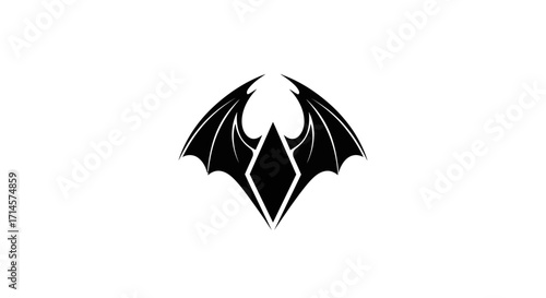 A stylized black diamond shape with bat-like wings extending outwards on a white background.