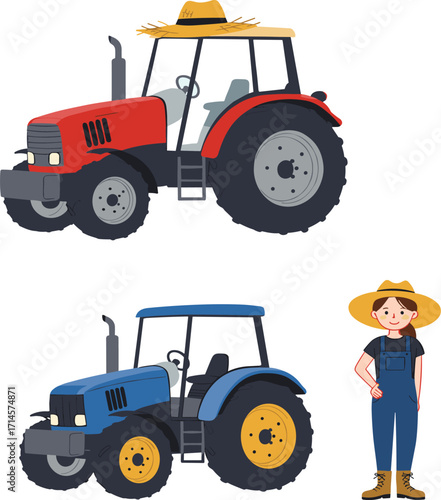 Tractor illustration, farming equipment, rural lifestyle, red and blue tractors, farmer character, vector art, flat design, stock image, agriculture scene