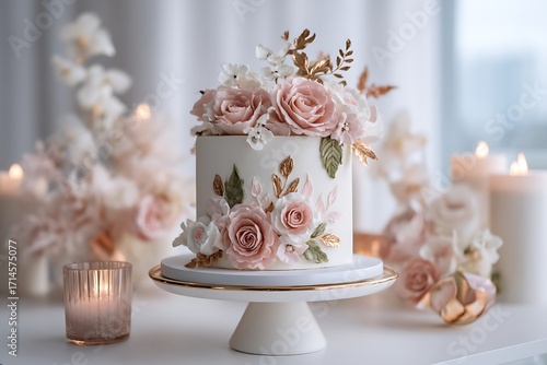 An elegant birthday setup featuring a delicate floral cake adorned with edible roses and soft gold accents, set on a white backdrop with gentle lighting