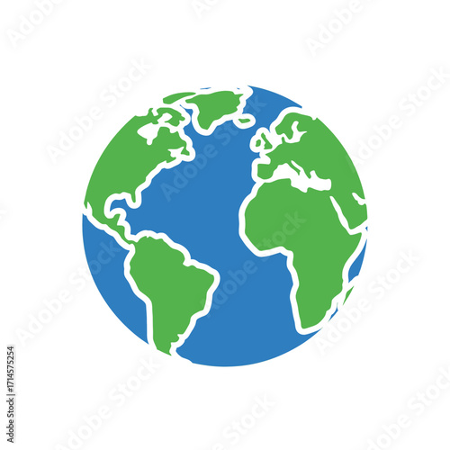 Simple green and blue globe illustration, representing planet Earth.