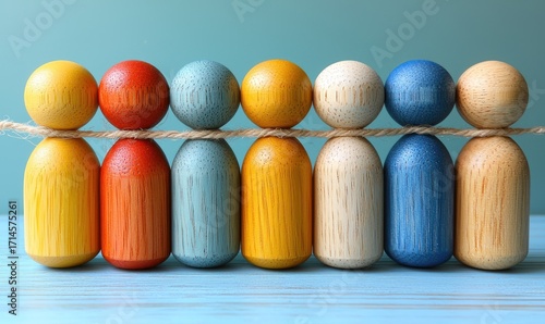 Colorful wooden figures tied together by a rope