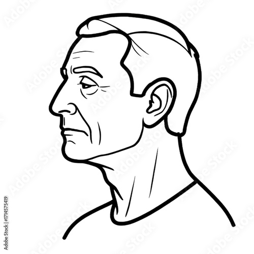 Middle-aged man portrait in profile, somber mood, black line drawing on white background, copy space