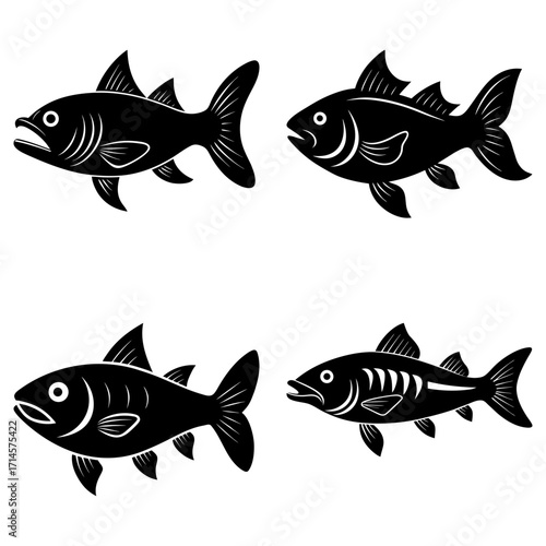 Illustration of four black fish silhouettes with varying fin styles and body details on white background