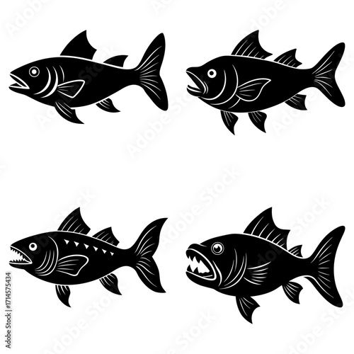 Illustration of four different black fish with various fin and mouth shapes on a white background