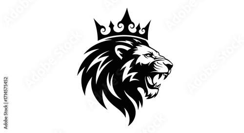 A fierce lion with a crown on its head, depicted in a black and white graphic style.