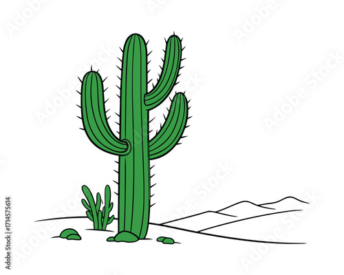 Beautiful Green Cactus Tree in Desert Sunlight Landscape