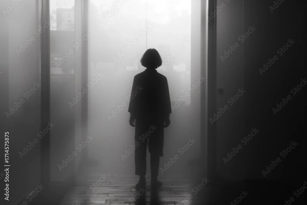 Obraz premium Surreal black and white visual of human connection and disconnection with fragmented shapes and dramatic side lighting