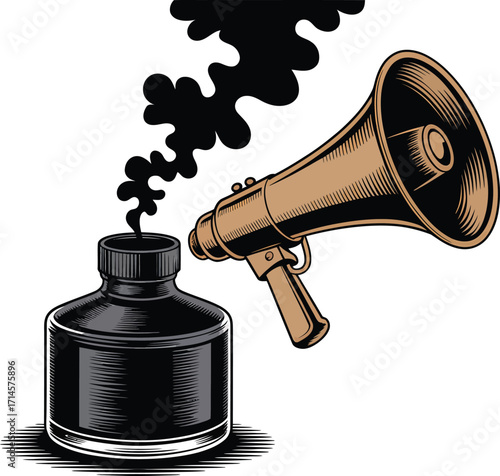 Ink Bottle Megaphone and Black Ink Splash Symbolizing Announcement on Transparent Background