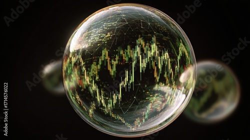 Financial Bubble: A graphic representation of financial markets contained within a fragile bubble, signifying the volatile and uncertain nature of economic growth.