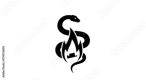 A black silhouette of a snake coiled around a stylized flame and a crown, set against a white background.