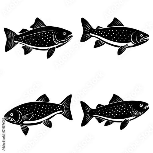 Four stylized fish illustrations in black and white with spotted patterns facing different directions